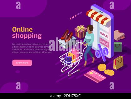 Concetto di shopping online isometrico su sfondo viola, donna con carrello acquistare regali nei mercati. Sconti di vendita in negozio internet, vendita al dettaglio di e-commerce sul dispositivo. Pagina Web di destinazione per app mobile. Illustrazione Vettoriale