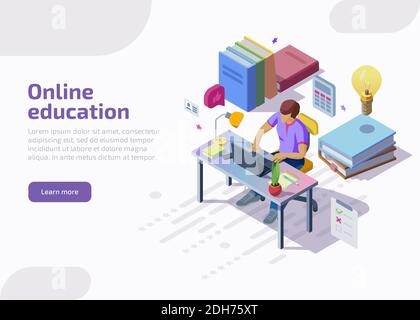 Formazione a distanza online isometrica, formazione, corsi. Personaggio studente seduto alla scrivania, studiando al computer, scrivendo l'esame universitario, imparando i compiti. Modello di landing page, banner Web vettoriale 3d Illustrazione Vettoriale