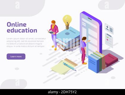 Illustrazione isometrica piatta della formazione in linea. Personaggi studenteschi che studiano corsi di formazione o su smartphone, leggendo libri. Concetto di studi universitari. Modello di landing page, banner Web vettoriale 3d. Illustrazione Vettoriale