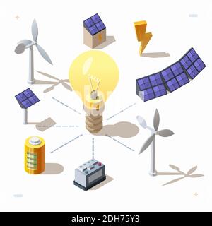 Set isometrico 3d di fonti energetiche rinnovabili eco alternative, icone di energia elettrica. Pannelli solari, lampadina elettrica, turbine eoliche, batteria, generatore di energia, tensione. Simboli vettoriali elettrici. Illustrazione Vettoriale