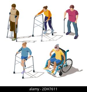 Persone isometriche con lesioni alle gambe, fratture o fratture ossee, fratture del piede, problemi ortopedici. Personaggi su stampelle, camminatori, in sedia a rotelle, con bastone. Riabilitazione dei disturbi muscoloscheletrici Illustrazione Vettoriale