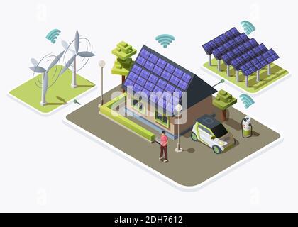 Auto elettrica, casa intelligente collegata a fonti energetiche alternative prodotte da turbine eoliche e pannelli solari. Progettazione di concept Smart Grid. Immagine vettoriale isometrica piatta isolata su sfondo bianco Illustrazione Vettoriale