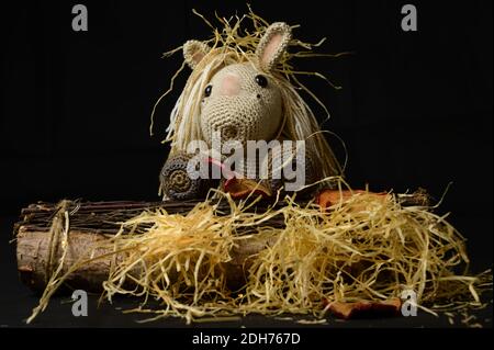 Un giocattolo a cavallo amigurumi uncinetto con paglia decorativa, pezzi di legno e ornamenti su sfondo nero Foto Stock