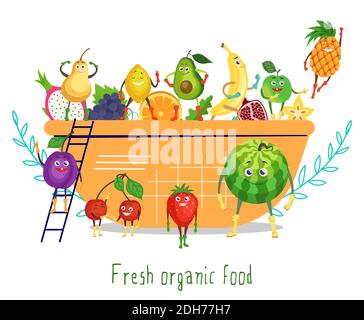Carino divertente frutta caratteri in insalata ciotola, piatto vettore illustrazione. Cibo biologico fresco. Illustrazione Vettoriale
