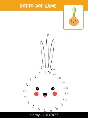 Collegare il gioco Dots con la cipolla kawaii cartoon. Foglio di lavoro didattico. Illustrazione Vettoriale