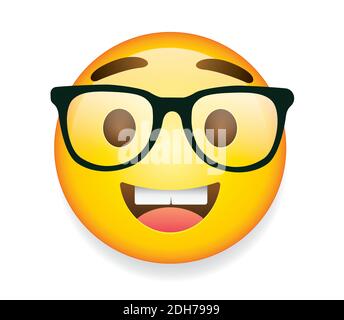 Emoticon di alta qualità su sfondo bianco. Occhiali emoji. Immagine vettoriale emoji geeky con faccia gialla. Elementi di chat più diffusi. Emoticon NERD. Illustrazione Vettoriale