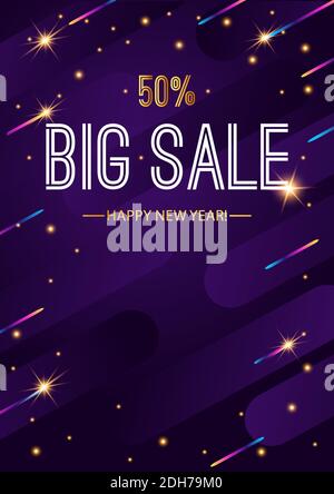 Poster grandi vendite. 2020 felice anno nuovo. Natale che vola scintille su sfondo scuro. Moderno stile futuristico con caotiche strisce dorate. Illustrazione Vettoriale
