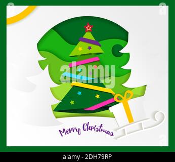 Biglietto d'auguri Buon Natale. Nastro di carta sull'albero di Natale con stella. Stile artigianale. Illustrazione vettoriale. Illustrazione Vettoriale