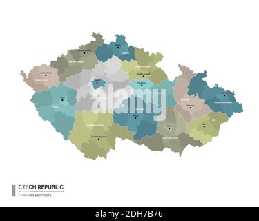 Repubblica Ceca higt Mappa dettagliata con suddivisioni. Mappa amministrativa della Repubblica Ceca con il nome di distretti e città, colorata da stati e adminis Illustrazione Vettoriale