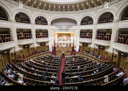 Bucarest, Romania - 21 giugno 2019: Il Patriarca Daniele partecipa ad una conferenza stampa all'interno del Palazzo Patriarcale (Palazzo del Patriarcato). Foto Stock