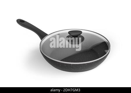 Una padella in acciaio nero con coperchio in vetro isolato Su sfondo bianco - rendering 3D Foto Stock