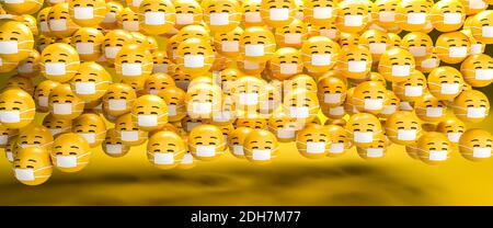 rendering 3d di un grande gruppo di smileys emoji della maschera facciale. Maschera faccia. Dimensione banner Web. Foto Stock