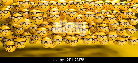 rendering 3d di un grande gruppo di emoji smileys con una faccia nerd con occhiali. Dimensione banner Web. Foto Stock