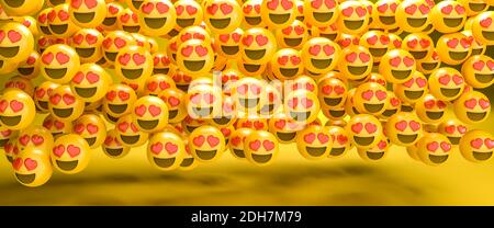 rendering 3d di un grande gruppo di emoji smileys con cuori rossi come occhi. Occhi del cuore - faccia del cuore. Concetto di amore. Dimensione banner Web. Foto Stock