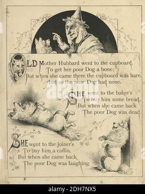 Vintage illustrazione di una scena da vecchia madre Hubbard una filastrocca in lingua inglese. Per ottenere il suo cane povero un osso Foto Stock