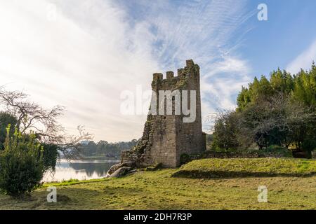 Una vista sulle rovine delle Torres de Oeste Castello e fortezza sul fiume Arousa in Galizia Foto Stock