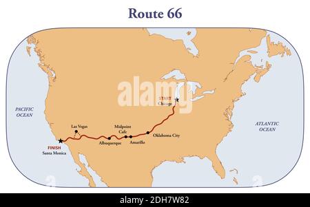 Mappa della storica Route 66 percorso di viaggio attraverso gli Stati Uniti Stati Foto Stock