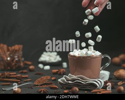 Marshmallows cade nella cioccolata calda tazza di cacao Foto Stock