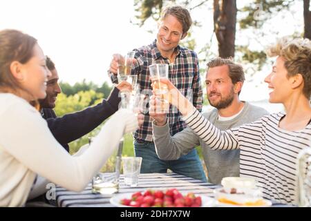 Gruppo di amici felici che tostano bicchieri di birra durante il pranzo a. tavolo da picnic Foto Stock