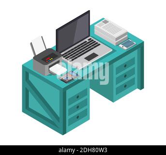 Illustrazione grafica vettoriale di Office Desk isometrica. Illustrazione Vettoriale