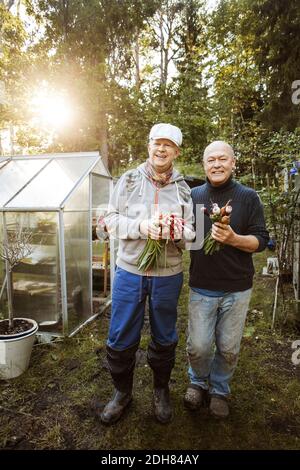 Ritratto di felice coppia gay che tiene verdure fresche di radice a. giardino Foto Stock