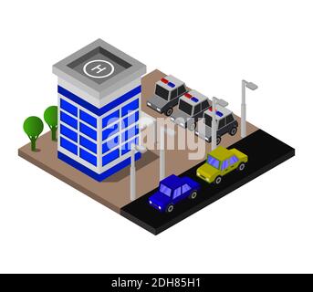 Stazione di polizia isometrica su sfondo bianco Illustrazione grafica vettoriale. Illustrazione Vettoriale