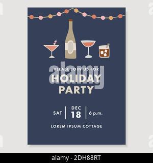 Felice biglietto di auguri per il nuovo anno, invito. Decorazione festa. Bevande alcoliche, cocktail e bottiglia di vino. Concetto di celebrazione Illustrazione Vettoriale