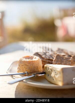 Formaggio, cialde e coltello per burro in piastra su tavola di legno Foto Stock