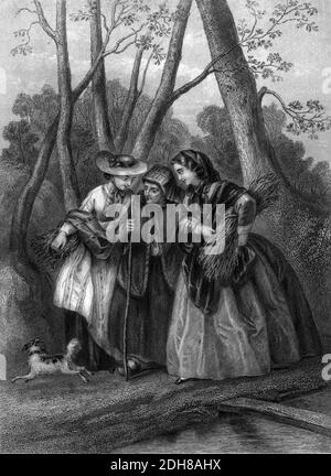 Incisione in acciaio di una mano d'aiuto alla invecchiata. Due giovani donne che aiutano una donna anziana a camminare. Da Godey's Lady's Book and Magazine, giugno 1864, Philadelphia, Louis A. Godey, Sarah Josepha Hale, Foto Stock