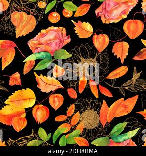 Motivo senza cuciture con foglie e fiori d'autunno acquerelli Foto Stock