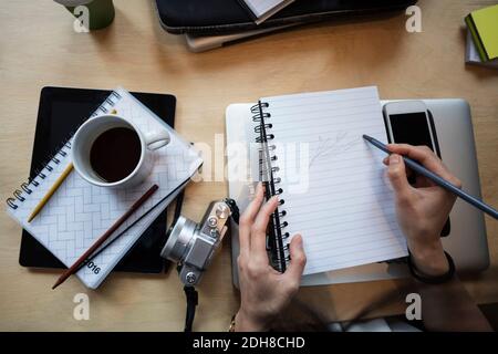 Direttamente sopra scatto di disegno di donna nel libro in ufficio Foto Stock