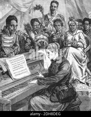 Ida Pfeiffer (1797-1858) Austriaco esploratore che gioca piano in Corte di Regina Pomarina di Tahiti (1880 anni Castelli) Illustrazione o incisione vintage Foto Stock