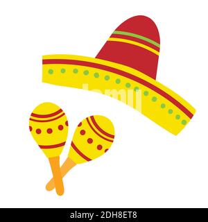 Sombrero piatto e maracas disegnati a mano e isolati su sfondo bianco. Colori luminosi - decorazioni rosse, gialle e verdi Illustrazione Vettoriale