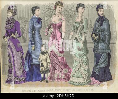 Disegno a colori della Moda femminile di Godey per il 1880 dicembre da Godey's Lady's Book and Magazine, 1880 Philadelphia, Louis A. Godey, Sarah Josepha Hale, Foto Stock