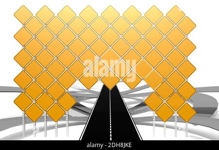 Cartello giallo vuoto con strada isolata nera, rendering 3D Foto Stock