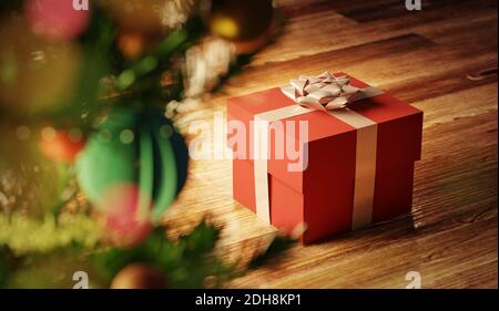 Una scena natalizia festosa con un regalo o un regalo avvolto sotto un albero di natale. Illustrazione 3D sfondo delle festività Foto Stock
