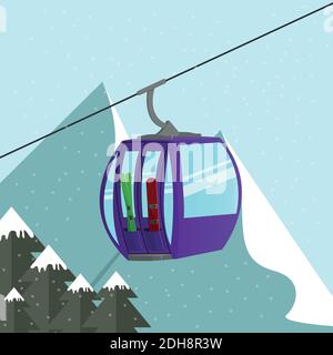 Cabinovia con sci alpino e snowboard sopra la vetta della montagna. Esperienze turistiche estreme e illustrazioni vettoriali Illustrazione Vettoriale