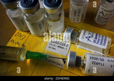 Capelli, Germania. 10 dicembre 2020. Immagine dell'argomento, foto del simbolo: Vaccinazione contro il virus Corona. Non appena i vaccini saranno disponibili, le vaccinazioni dovrebbero essere effettuate in centri di vaccinazione appositamente allestiti contro Corona. Una siringa monouso e le dosi di vaccinazione con il vaccino sono su una scheda di vaccinazione. | utilizzo in tutto il mondo credito: dpa/Alamy Live News Foto Stock