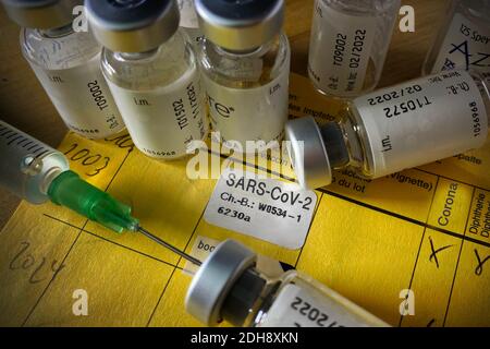 Capelli, Germania. 10 dicembre 2020. Immagine dell'argomento, foto del simbolo: Vaccinazione contro il virus Corona. Non appena i vaccini saranno disponibili, le vaccinazioni dovrebbero essere effettuate in centri di vaccinazione appositamente allestiti contro Corona. Una siringa monouso e le dosi di vaccinazione con il vaccino sono su una scheda di vaccinazione. | utilizzo in tutto il mondo credito: dpa/Alamy Live News Foto Stock