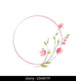 Cornice rotonda con fiori rosa. Sfondo semplice e delicato. Acquerello Foto Stock