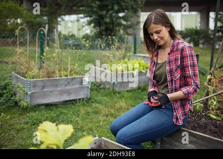 Donna adulta media seduta sul bordo della cassa di legno a. giardino urbano Foto Stock