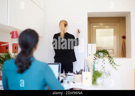 Vista posteriore di una donna d'affari che scrive sulla lavagna bianca con un collega in in primo piano in ufficio Foto Stock