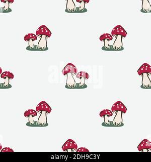 Cute sesso neutro topadstool modello vettoriale. Funghi fly agarico arredamento casa cartone animato fungo. Micologia velenosa boho senza cuciture su tutta la stampa. Illustrazione Vettoriale