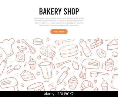 Set di utensili da cucina e cottura, mixer, torta, cucchiaio, cupcake, bilancia. Stile di schizzo Doodle. Illustrazione per il luogo della panetteria, disegno della bandiera. Illustrazione Vettoriale