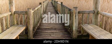 Un panorama di una lunga passerella in legno che conduce attraverso la palude erba da un gazebo con panchine Foto Stock