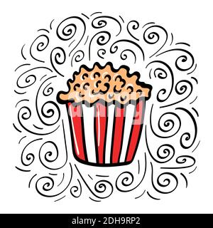 Popcorn disegnato a mano con decorazione. Illustrazione vettoriale. Illustrazione Vettoriale