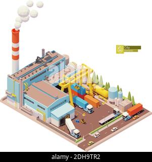 Costruzione di una fabbrica isometrica vettoriale Illustrazione Vettoriale