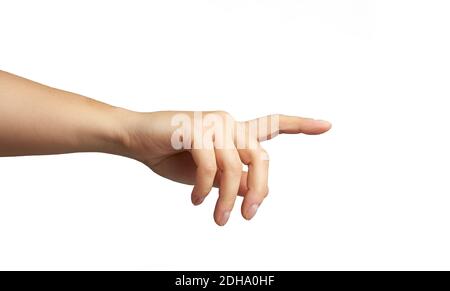 Mano femmina con indice rialzato isolato su sfondo bianco Foto Stock