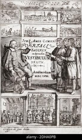 John Amos Comenius, 1592 -1670. Filosofo, pedagogo e teologo ceco. Soprannominato il padre dell'istruzione moderna. Qui hanno visto insegnare agli studenti. Dalla pagina del titolo dell'edizione olandese di uno dei suoi libri. Foto Stock