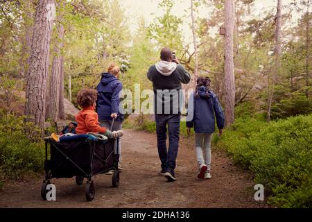 Madre che tira il figlio seduto sul carrello mentre cammina con l'uomo e figlia in foresta Foto Stock